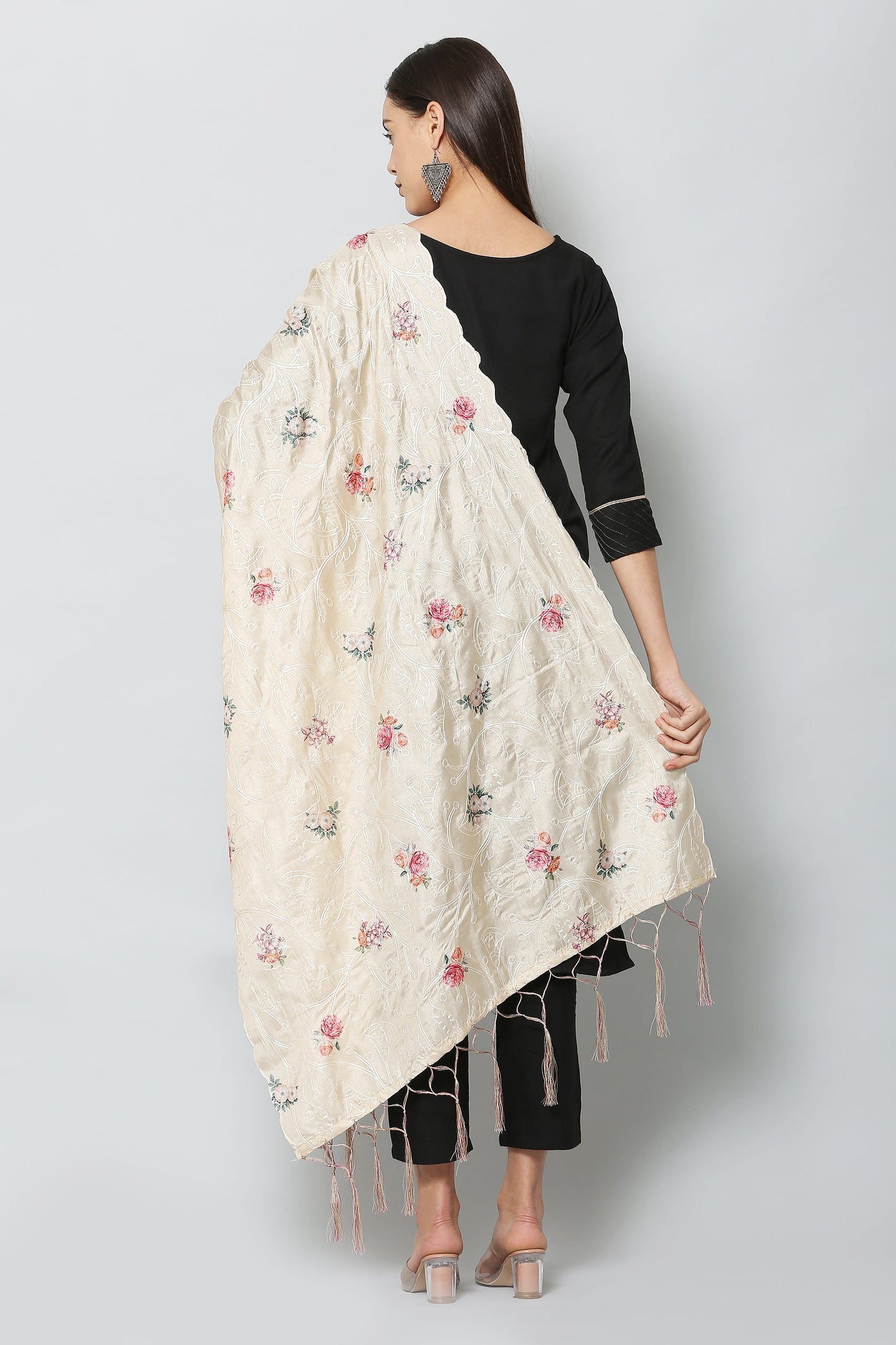 Women's Fown Color Art Silk Embroidery and Digital Printed Dupatta