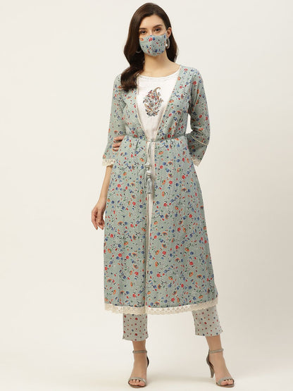 Women's Kurta Pant Set with Printed Jacket
