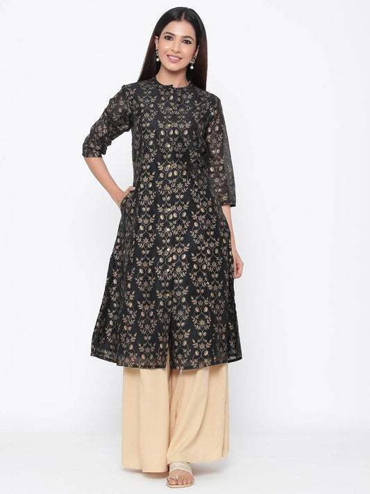 Buy_Women's_Black_Chanderi_Printed_A-Line_Kurta_Online_Trendia
