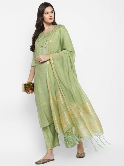 Women's Green Color Chanderi Silk Embroidered Straight Kurta Palazzo With Dupatta