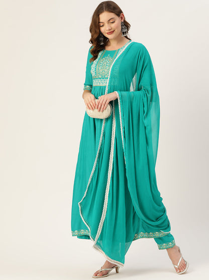 Women's Rama Rayon Panelled Printed A-Line Kurta Trouser Set With Dupatta