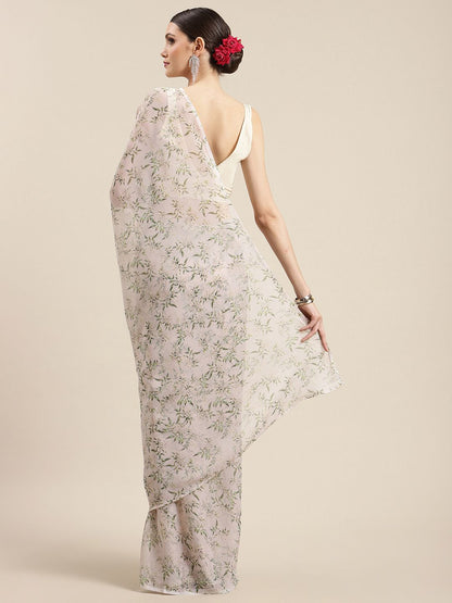 Women's Off White Chiffon Digital Print Floral Saree