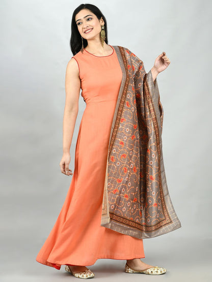 Women's Peach Cotton Solid Sleeveless Round Neck Casual Kurta Dupatta Set