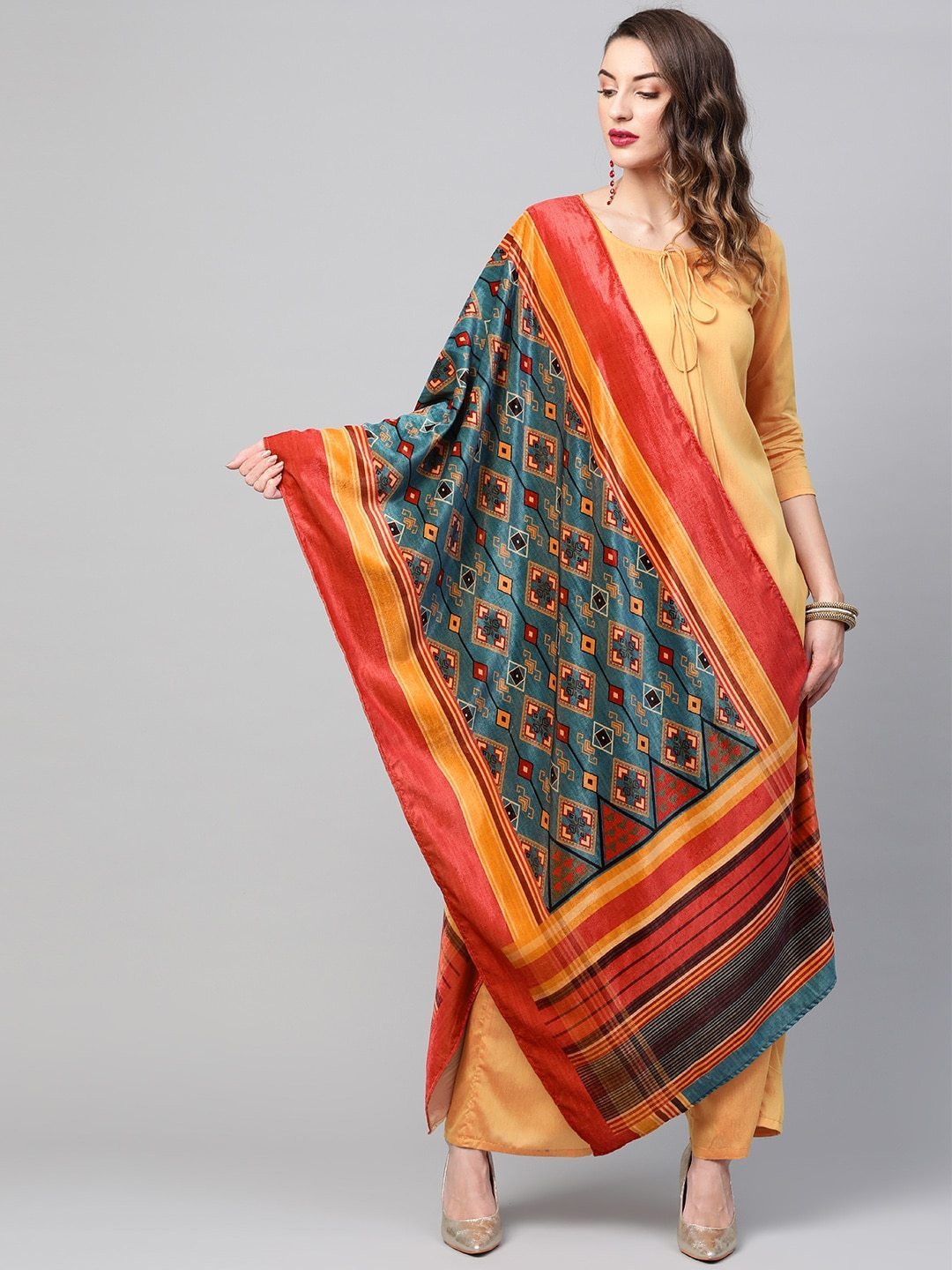 Women's Teal Printed Velvet Dupatta