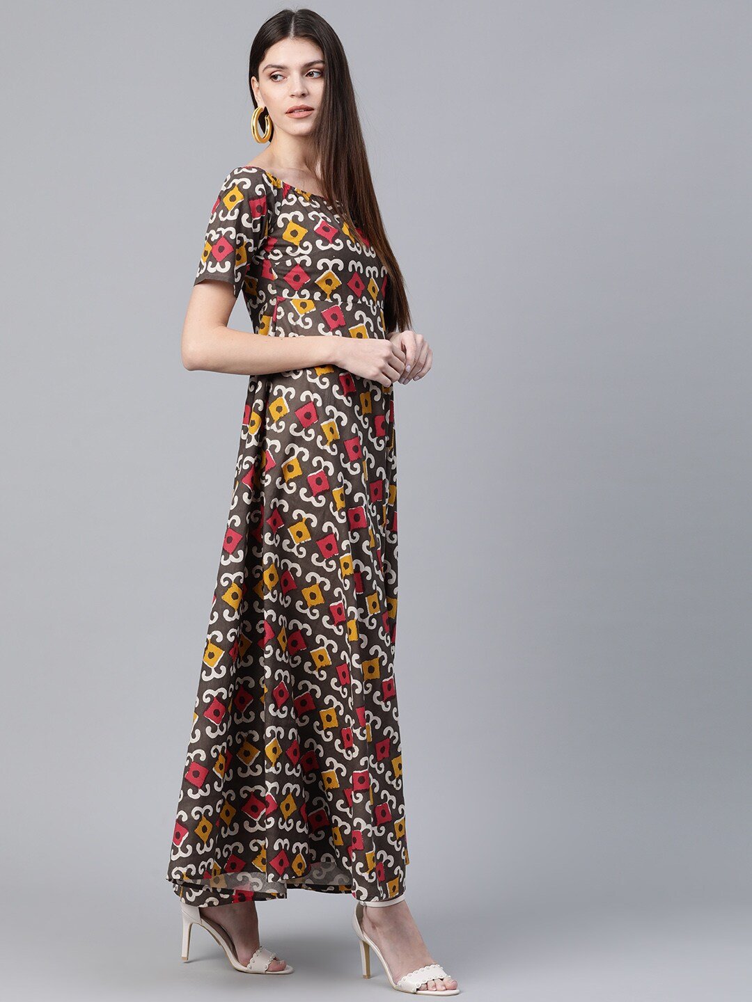 Women's  Brown & Red Ethnic Printed Maxi Dress