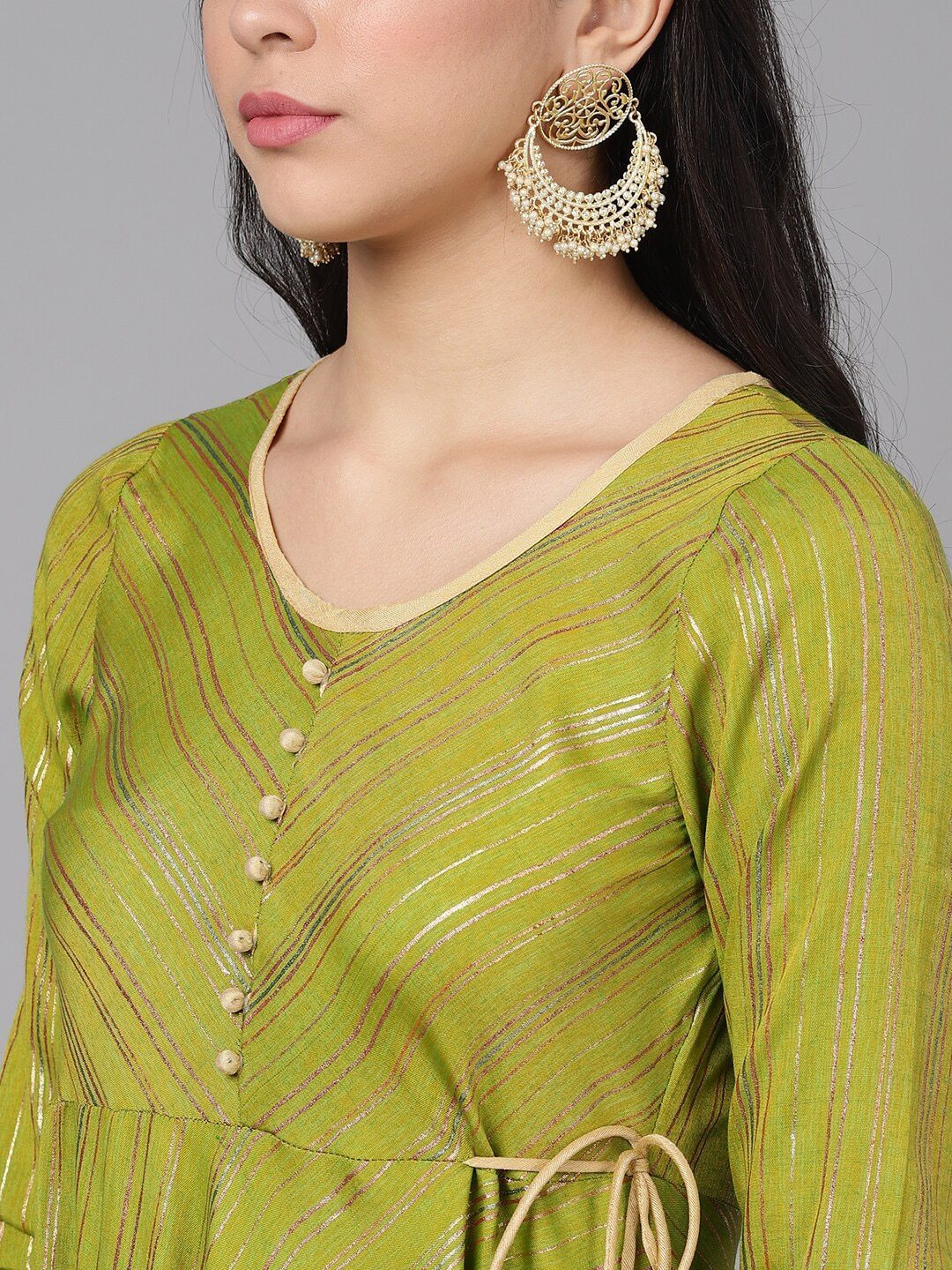 Women's  Green & Gold-Toned Striped Maxi Dress