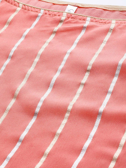 Women's  Peach-Coloured & Golden Striped Kurta with Palazzos