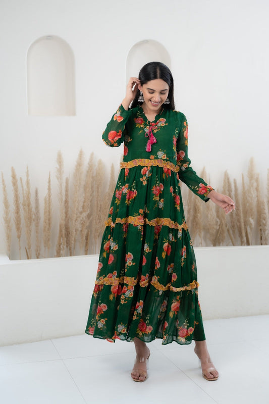Womenâ€™s Green Floral Printed Long Dress by Myshka-