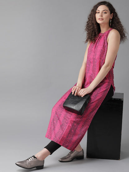 Women's  Pink & Black Snake Print Straight Kurta