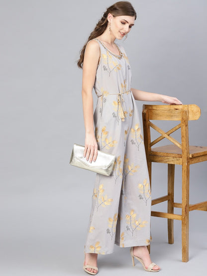 Women's  Grey & Golden Printed Basic Jumpsuit