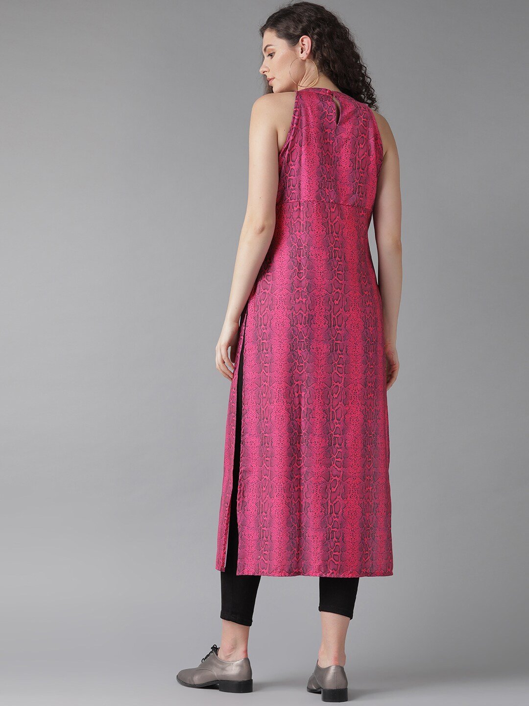 Women's  Pink & Black Snake Print Straight Kurta