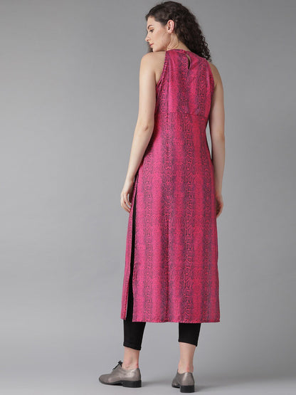 Women's  Pink & Black Snake Print Straight Kurta