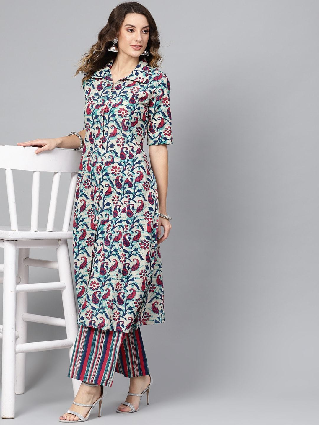 Women's  Off-White & Blue Printed Kurta with Palazzos
