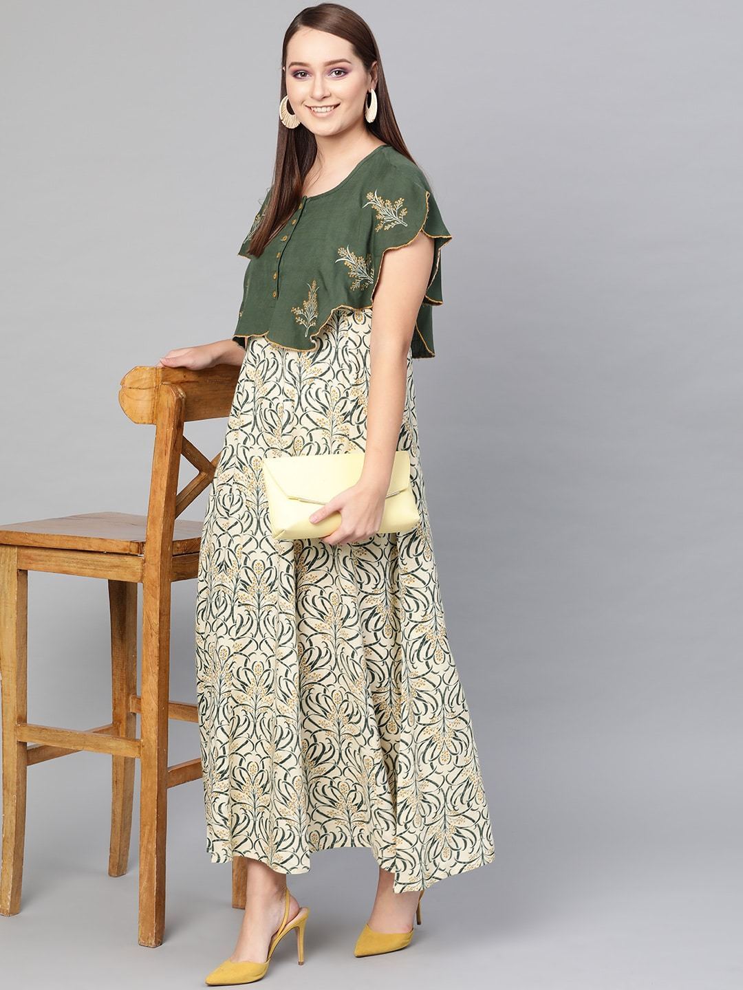 Women's  Cream-Coloured & Green Printed Layered Maxi Dress