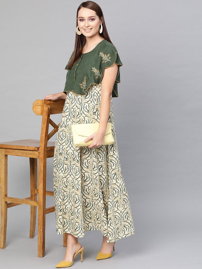Women's  Cream-Coloured & Green Printed Layered Maxi Dress