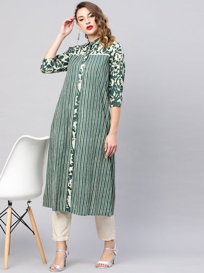 Women's  Green & Beige Striped Shirt A-Line Kurta