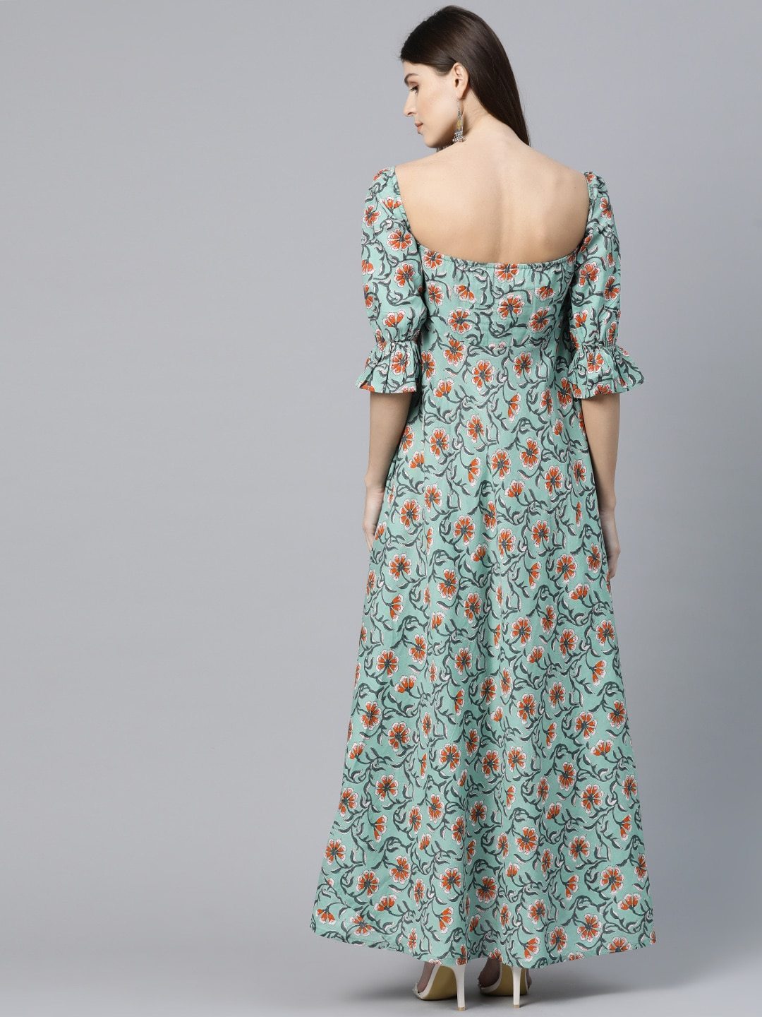 Women's  Green & Orange Printed Maxi Dress