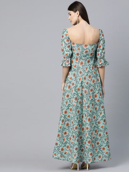 Women's  Green & Orange Printed Maxi Dress
