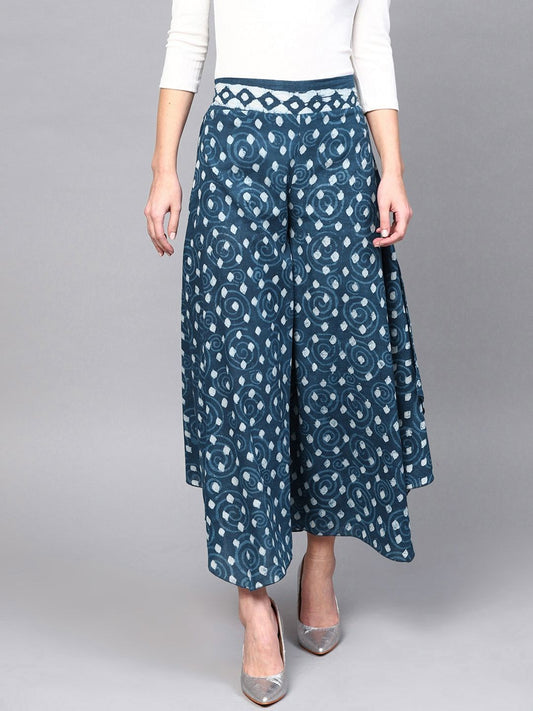 Women's  Blue & White Flared Block Print Palazzos