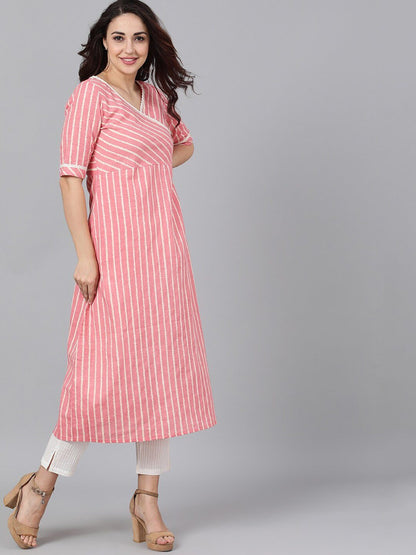 Women's  Peach-Coloured & White Striped A-Line Kurta