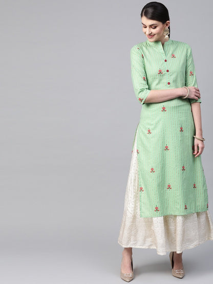 Women's Green & Golden Striped Straight Kurta