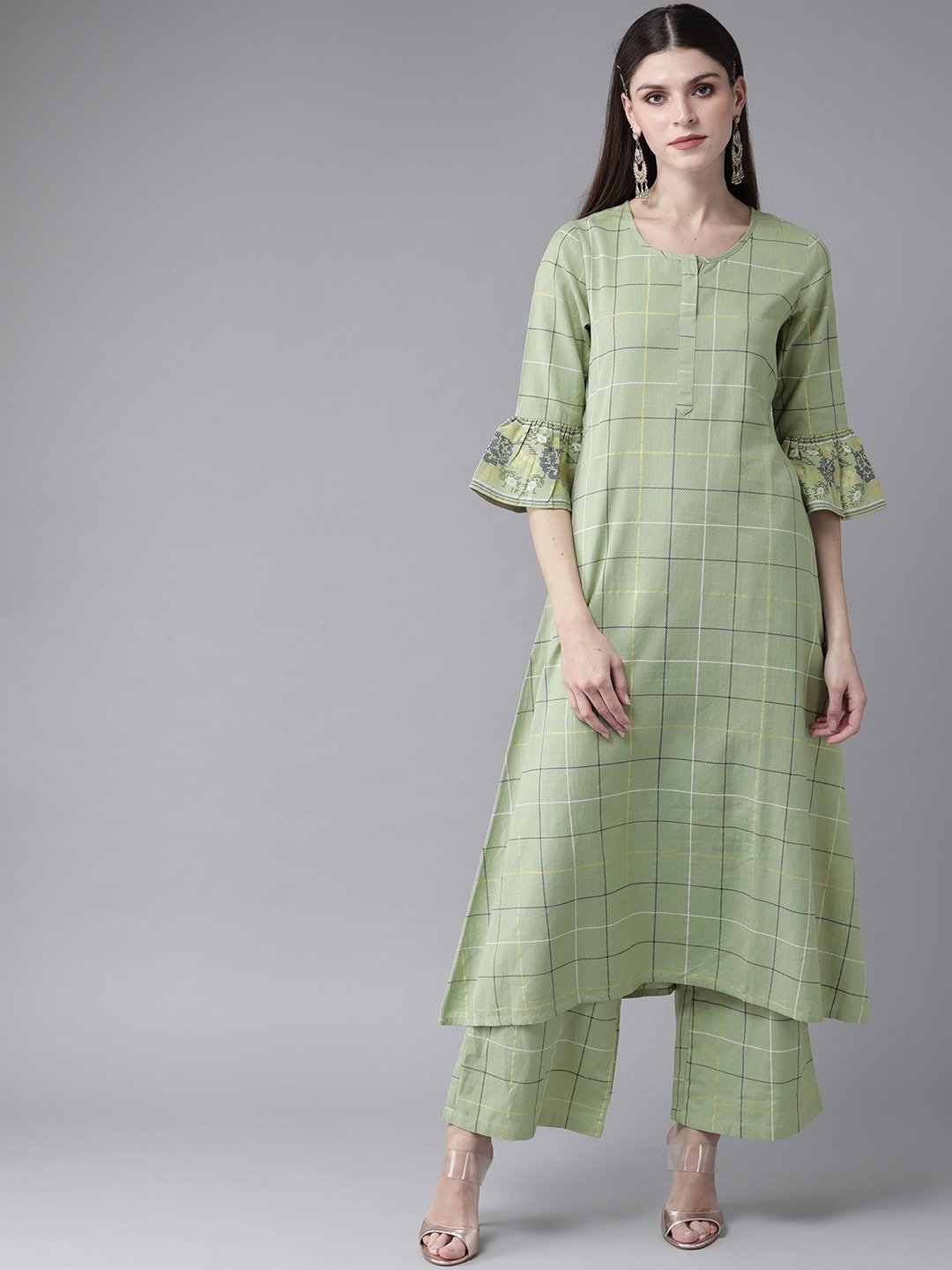 Women's  Green & Navy Blue Checked A-Line Kurta