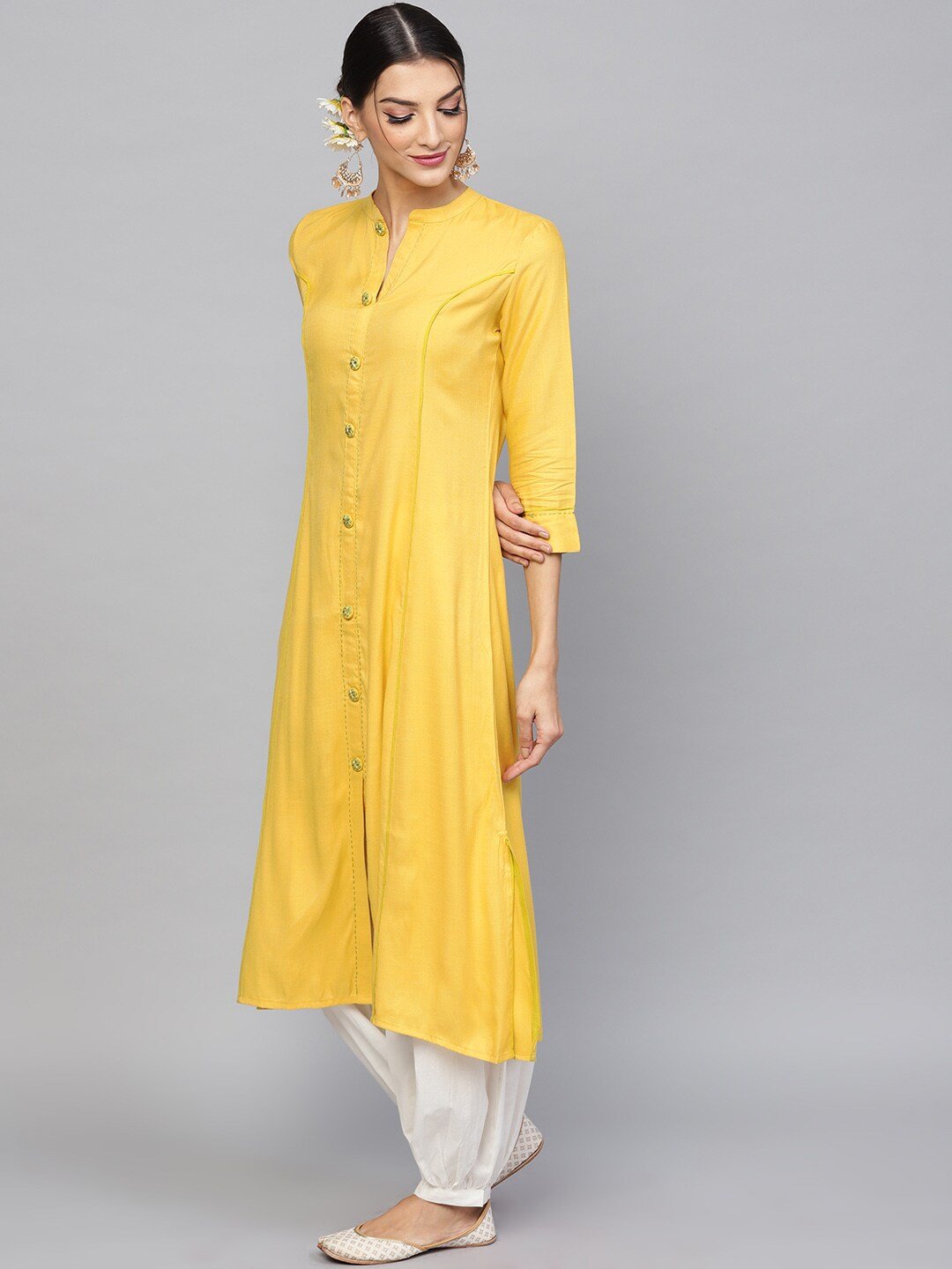 Women's  Mustard Yellow Solid A-Line Kurta