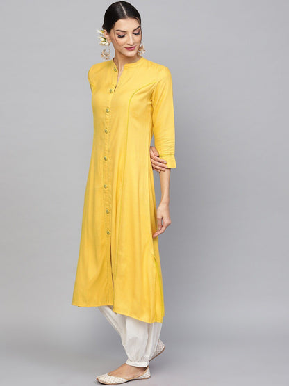 Women's  Mustard Yellow Solid A-Line Kurta