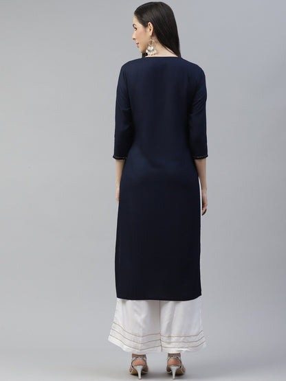 Women's Navy Blue Embroidered Kurta
