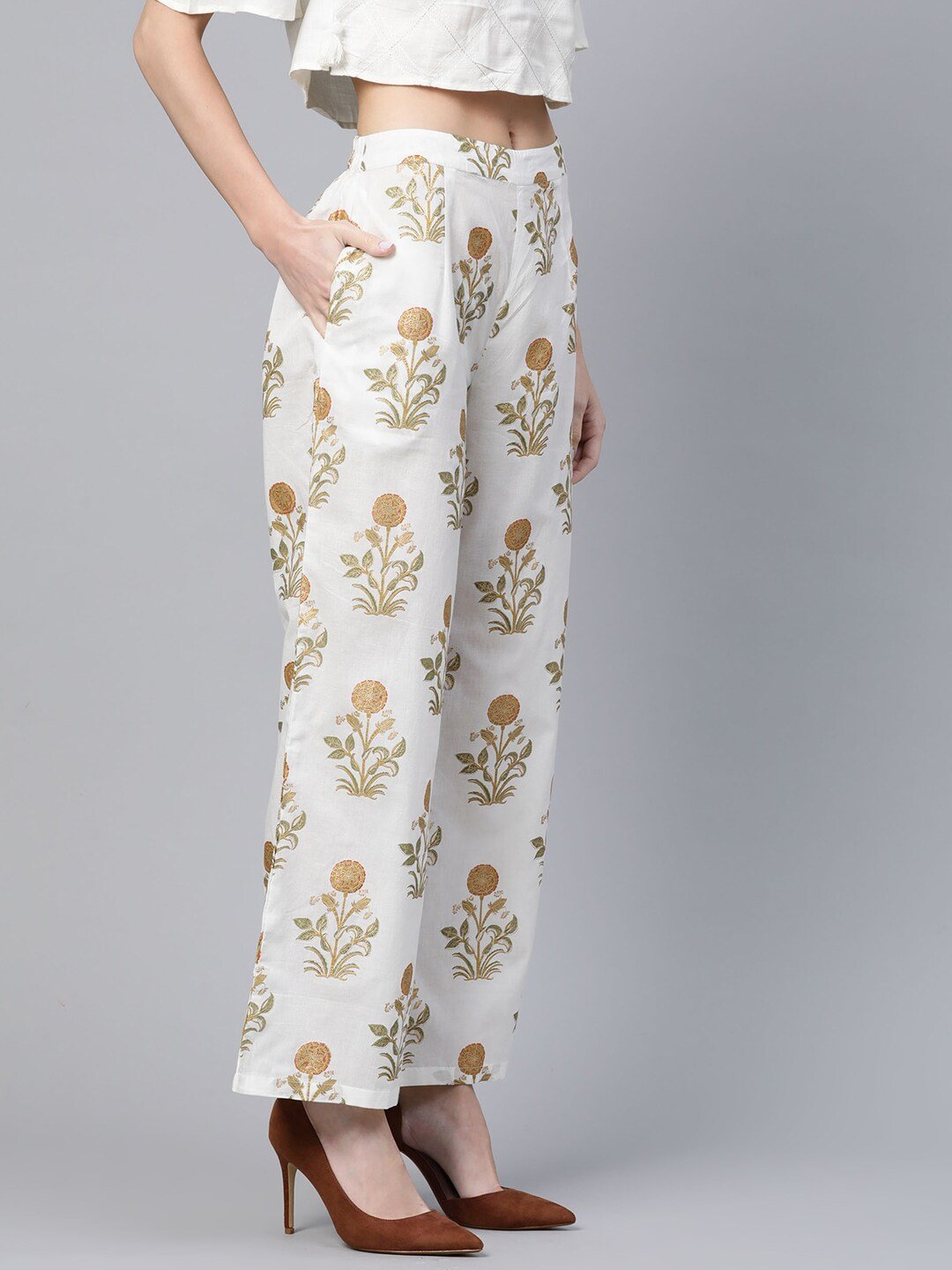 Women's  Off-White & Golden Printed Straight Palazzos