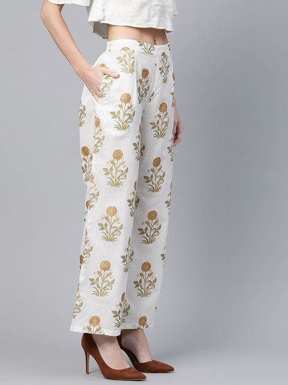 Women's  Off-White & Golden Printed Straight Palazzos