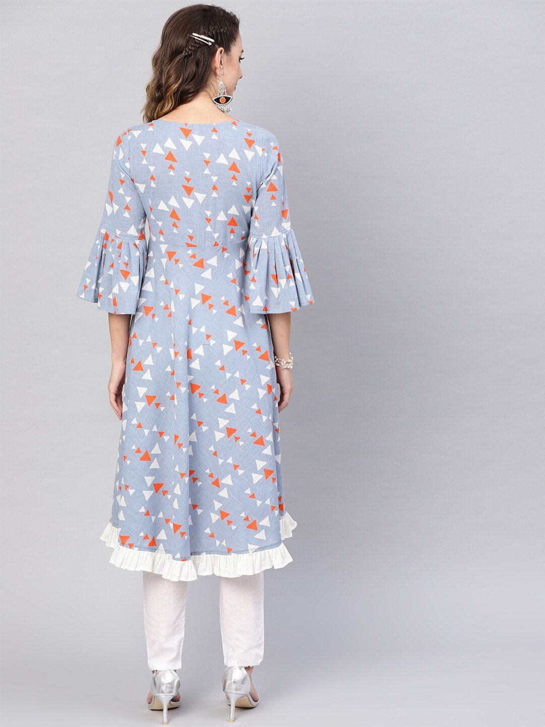 Women's  Blue & Orange Printed Anarkali Kurta