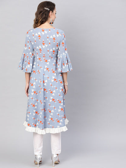 Women's  Blue & Orange Printed Anarkali Kurta