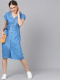 Women's  Blue Solid Shirt Dress With Belt