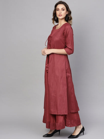 Women's  Maroon & Navy Checked Maxi Dress