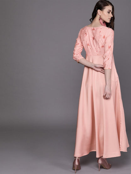Women's  Pink Printed Detail Satin Finish Empire Maxi Dress