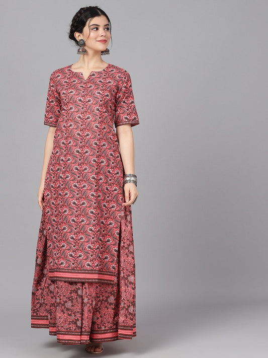 Women's  Mauve & Charcoal Grey Floral Print Kurta with Skirt