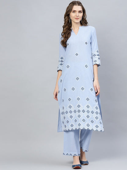 Women's  Blue & White Embroidered Kurta with Palazzos