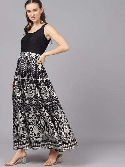 Women's  Black & Silver-Toned Printed Maxi Dress