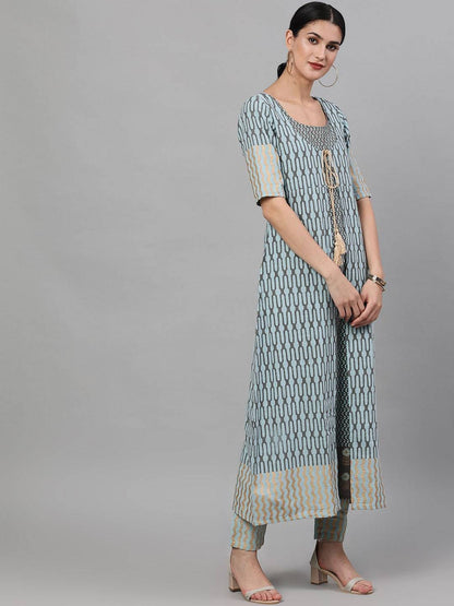 Women's  Grey & Blue Printed Kurta with Trousers