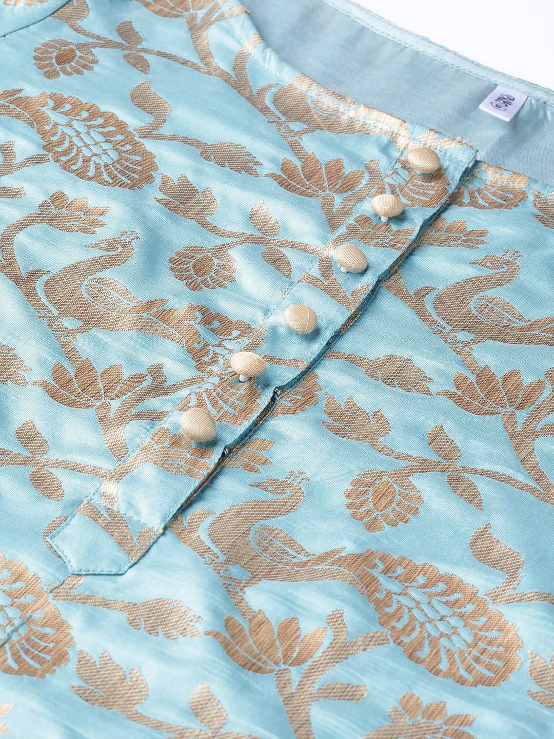 Women's  Blue & Golden Brocade Woven Design Straight Kurta