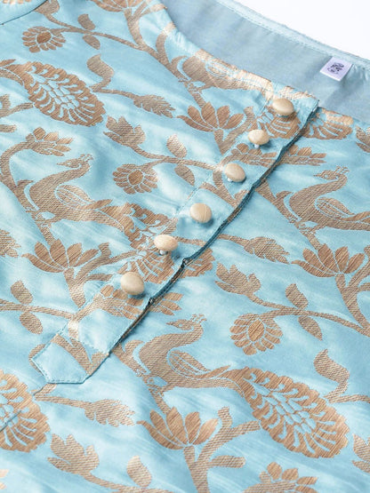 Women's  Blue & Golden Brocade Woven Design Straight Kurta