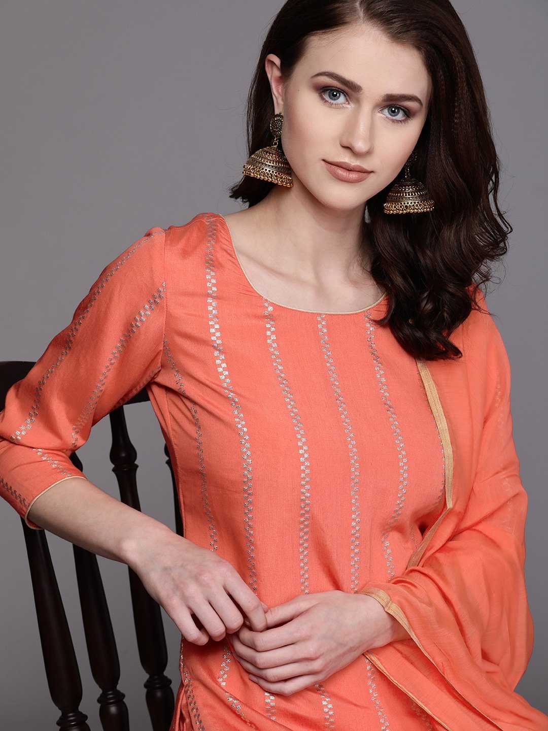 Women's  Coral Orange & Golden Striped Kurta with Sharara & Dupatta