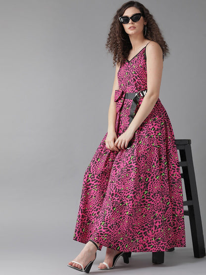 Women's  Pink & Black Animal Printed Maxi Dress