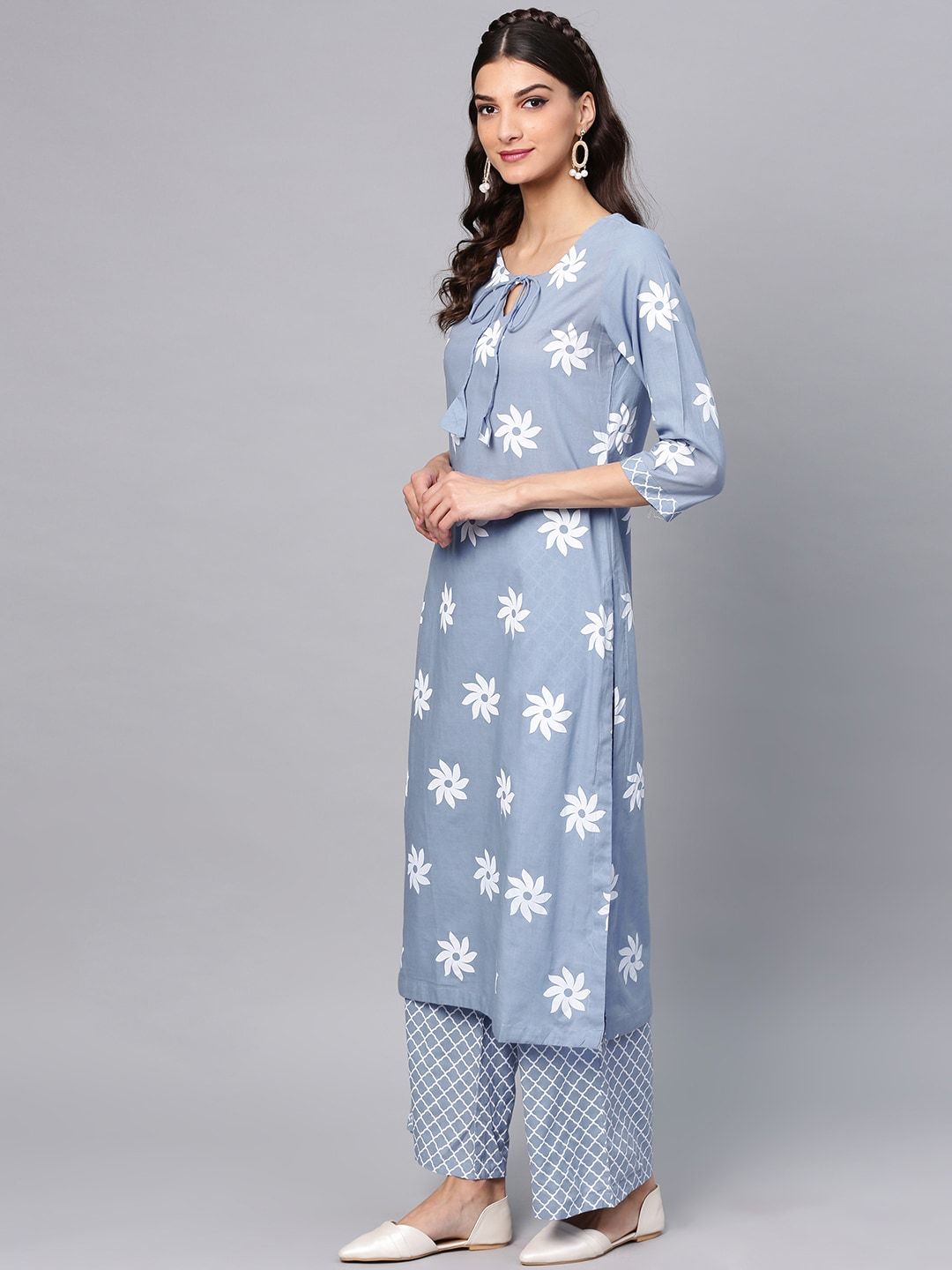 Women's  Blue & White Printed Kurta with Palazzos & Dupatta