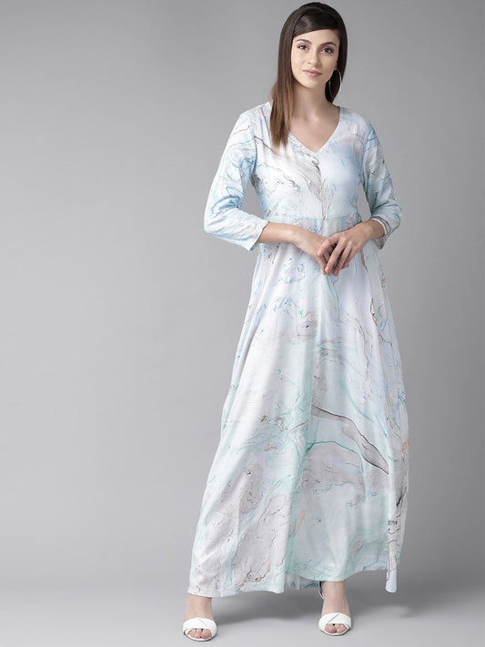Women's  Sea Green & Blue Printed Maxi Dress
