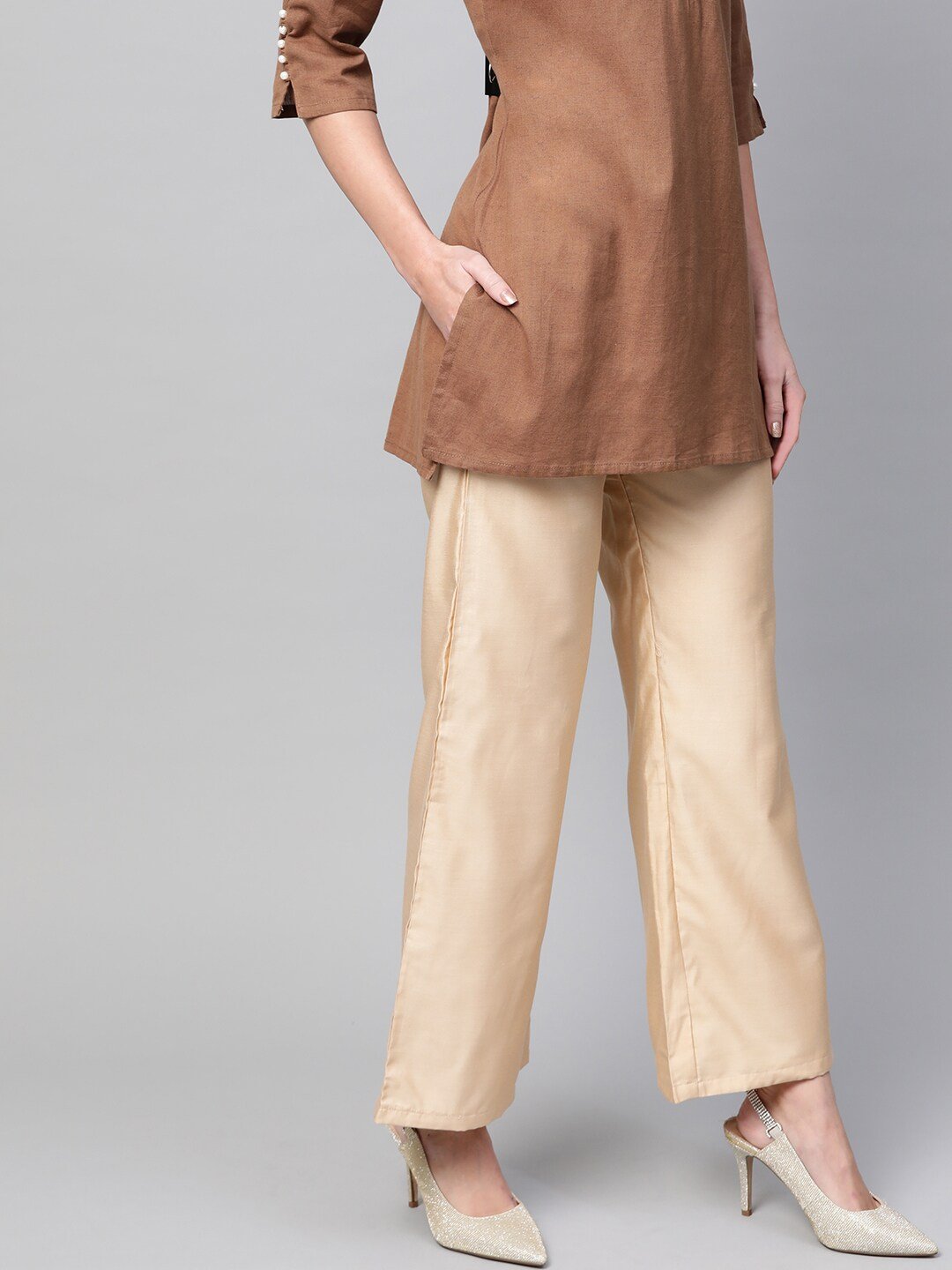 Women's  Beige Solid Straight Palazzos