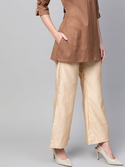 Women's  Beige Solid Straight Palazzos