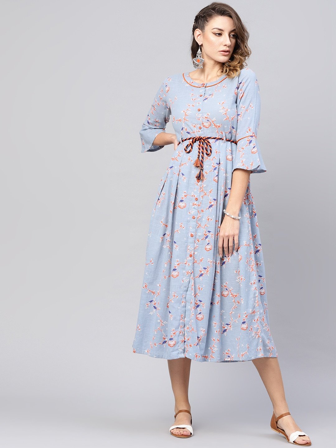 Women's  Blue & Orange Quirky Printed A-Line Dress