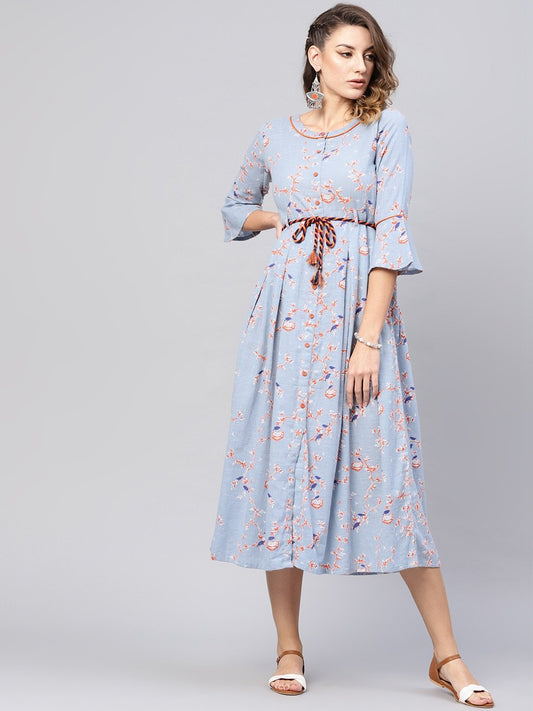 Women's  Blue & Orange Quirky Printed A-Line Dress
